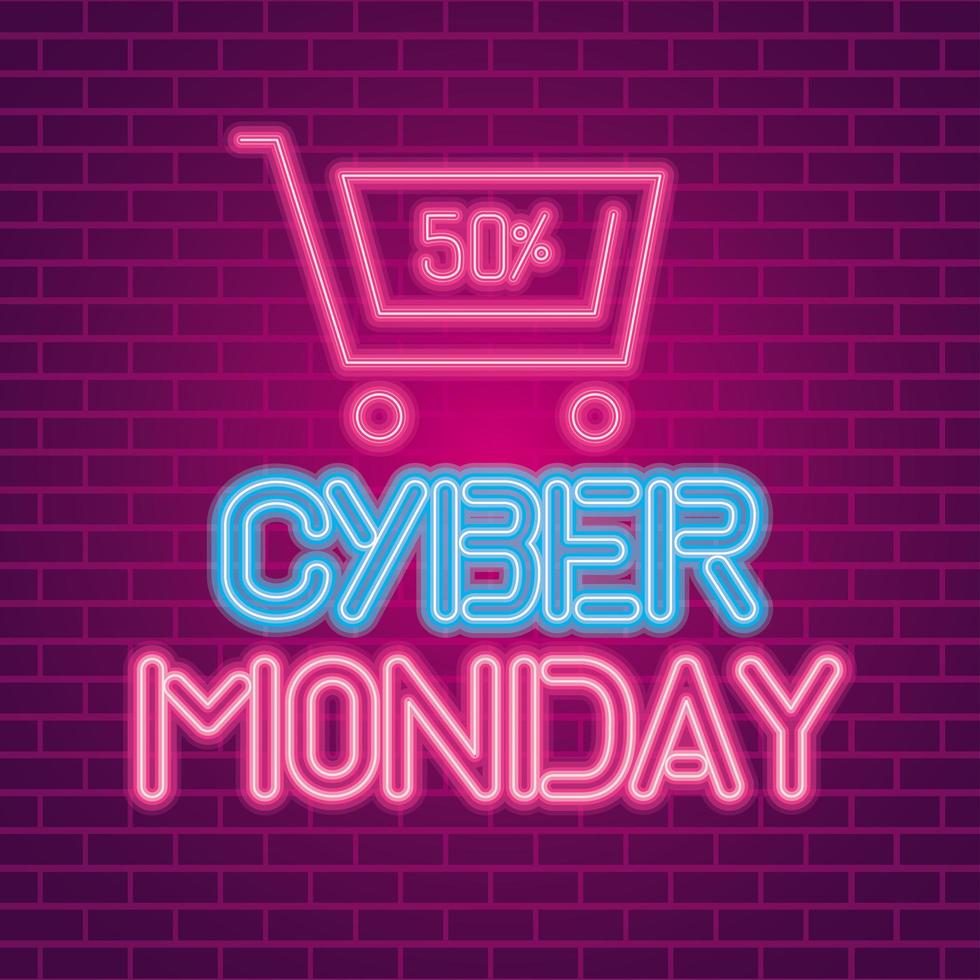 Cyber Monday con carro de neón en el diseño de vectores de fondo de ladrillos