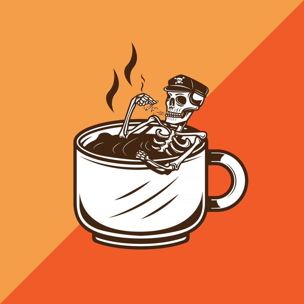 Esqueleto sumergiéndose en una taza de café mientras fuma ilustración de vector de cigarrillo