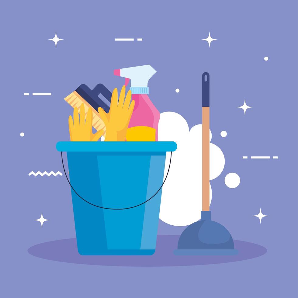 set of cleaning supplies in bucket vector