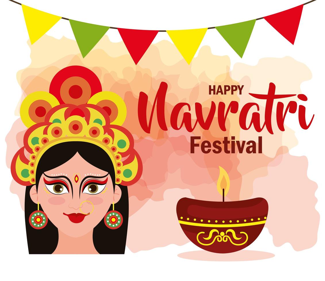 poster of goddess durga with garlands hanging for happy navratri celebration vector