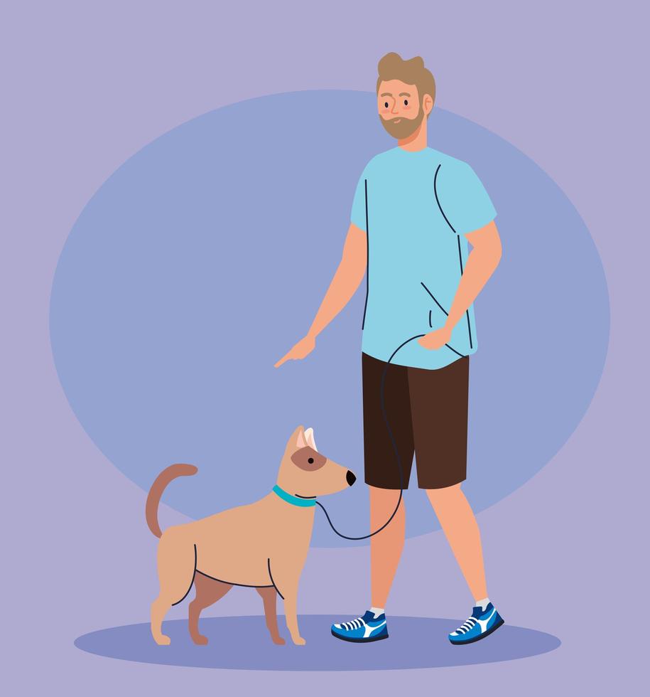 young man on a walk with a dog vector