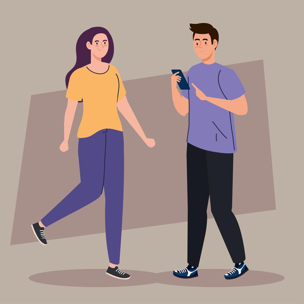 young couple using smartphone device vector
