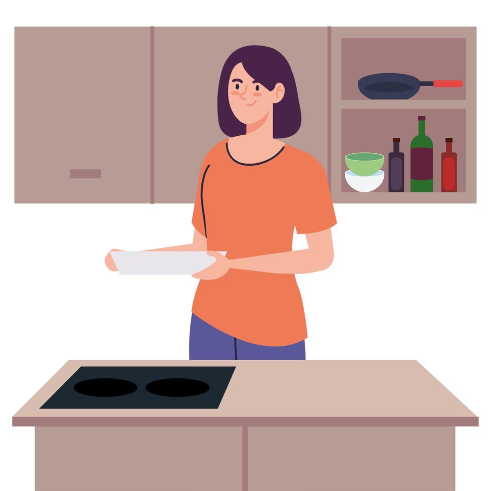 woman cooking holding dish on kitchen scene vector