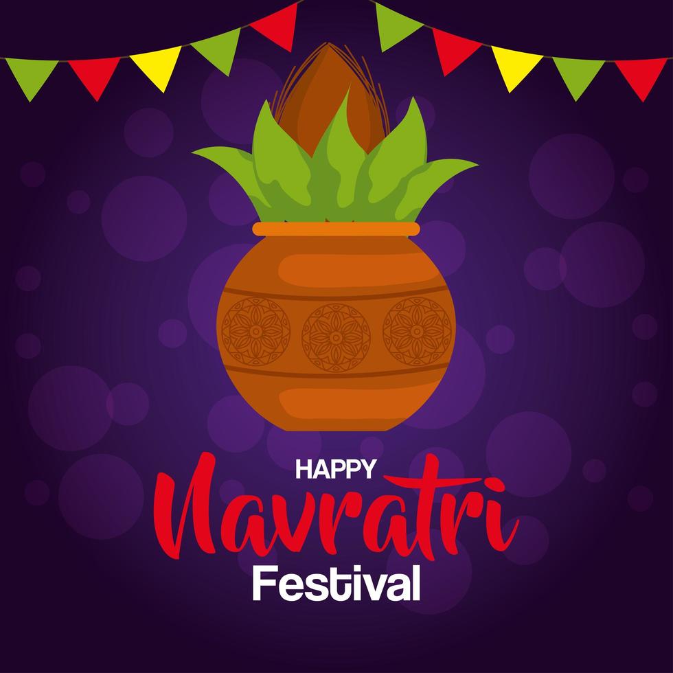 happy navratri celebration poster with plant in ceramic and garlands hanging vector