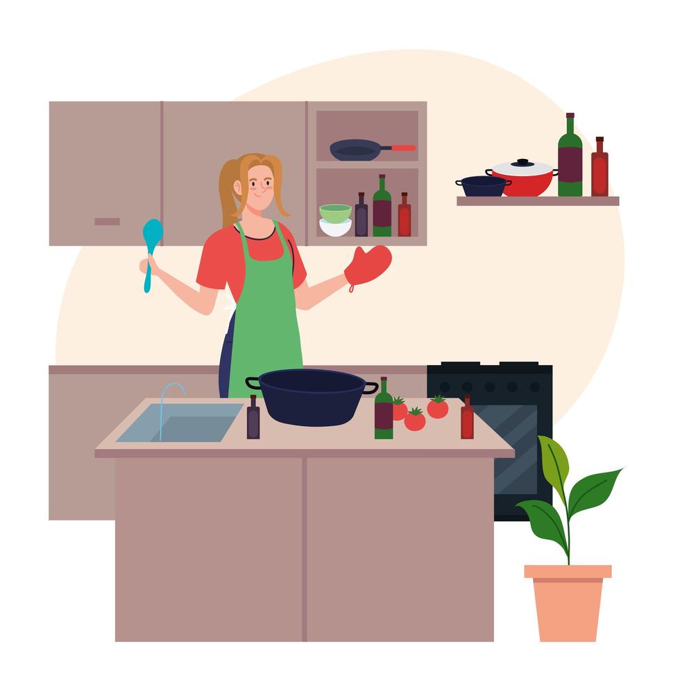 young woman using apron cooking with utensils and vegetables vector