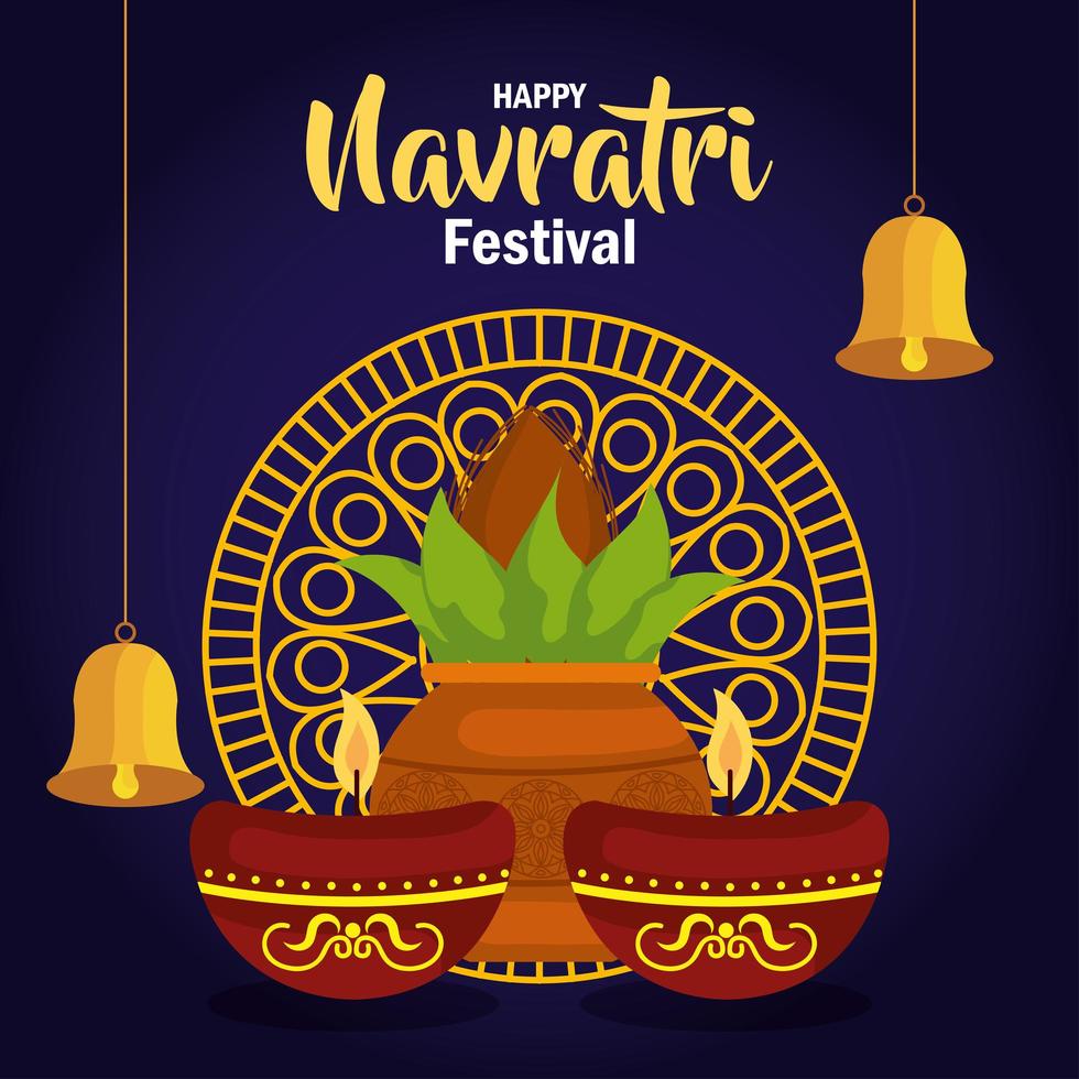 Feliz cartel de celebración navratri con planta en maceta de cerámica y decoración vector