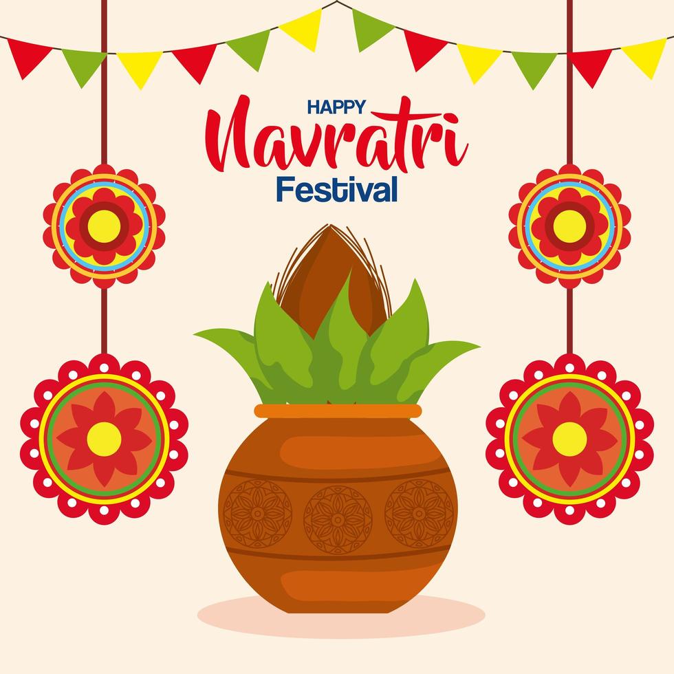 feliz cartel de celebración navratri con planta en maceta de cerámica vector