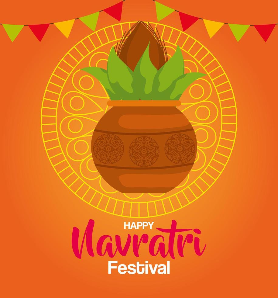 happy navratri celebration poster with plant in ceramic and garlands hanging vector