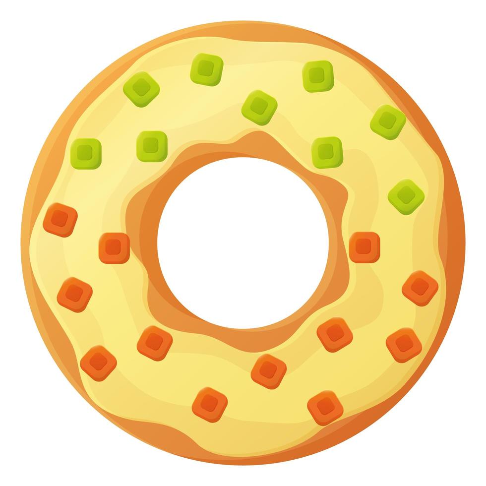 Donut brillante con glaseado de crema y gomitas sin símbolo de día de dieta comida poco saludable comida rápida dulce bocadillo de azúcar calorías adicionales concepto stock vector ilustración aislado sobre fondo blanco en estilo de dibujos animados