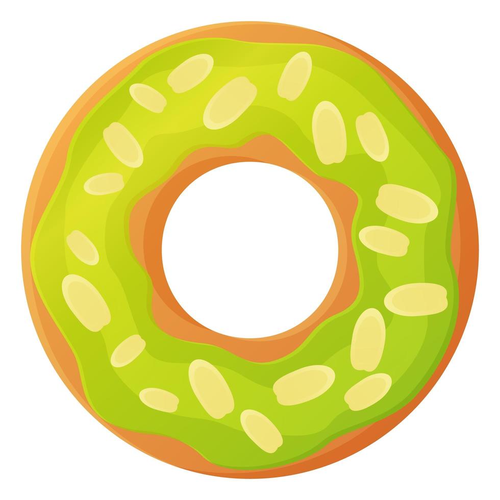 Donut brillante con esmalte verde y copos de almendra sin símbolo de día de dieta comida poco saludable dulce comida rápida azúcar bocadillo calorías adicionales concepto stock vector ilustración aislado sobre fondo blanco en estilo de dibujos animados