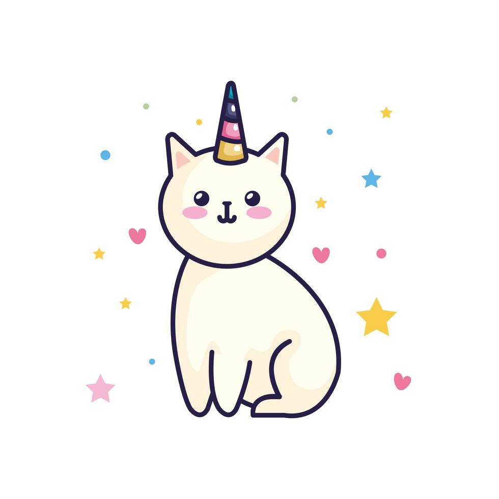 lindo gato unicornio fantasía con decoración de corazones y estrellas vector