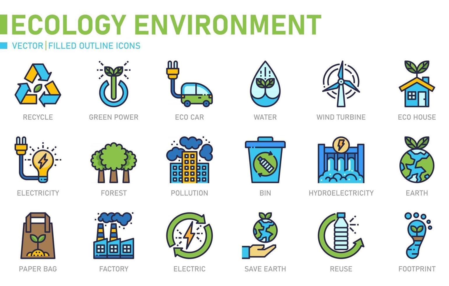 icono de contorno lleno de medio ambiente ecológico vector