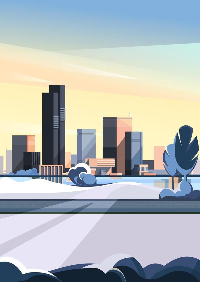 Winter cityscape with road and lake in vertical orientation vector