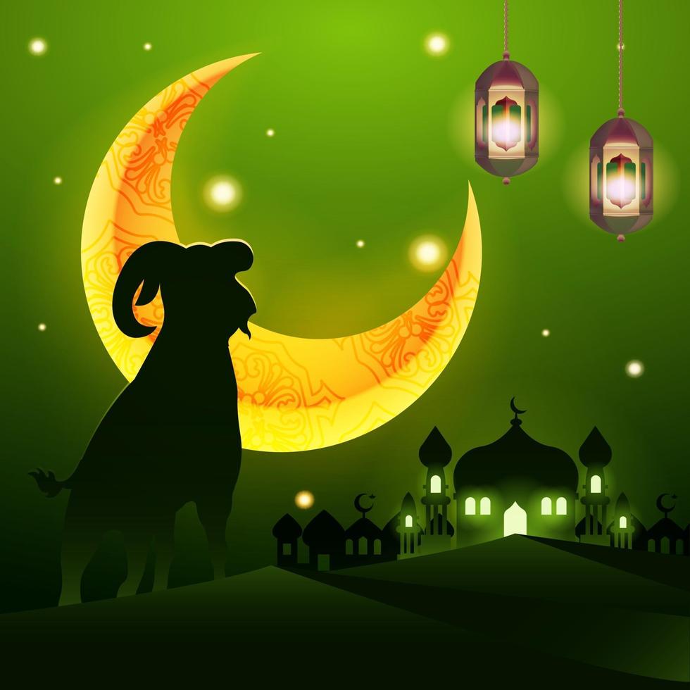 Eid Adha background with mosque and goat silhouette vector