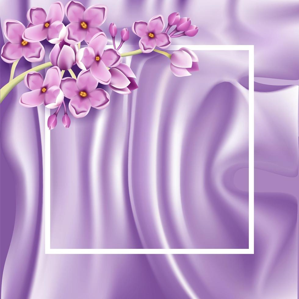 Purple lilac satin background with realistic lilac flowers vector