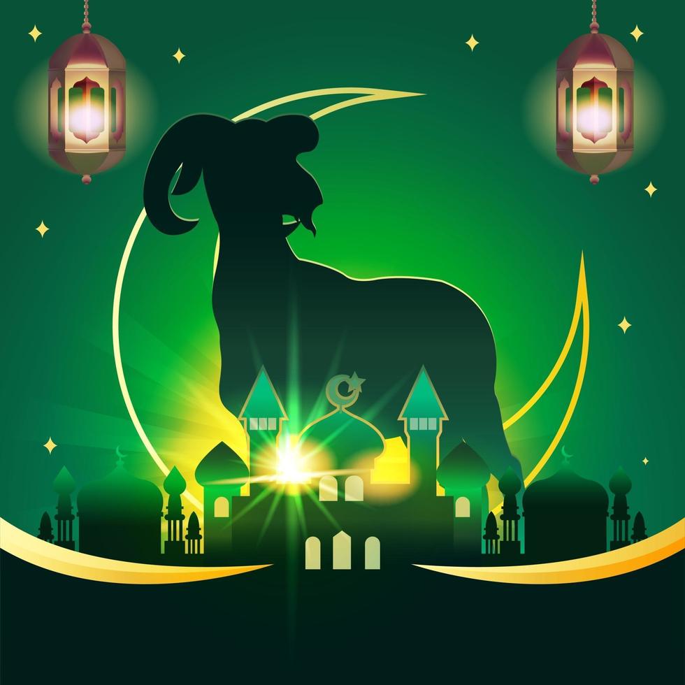 Eid Adha background with dramatic goat and mosque silhouette vector