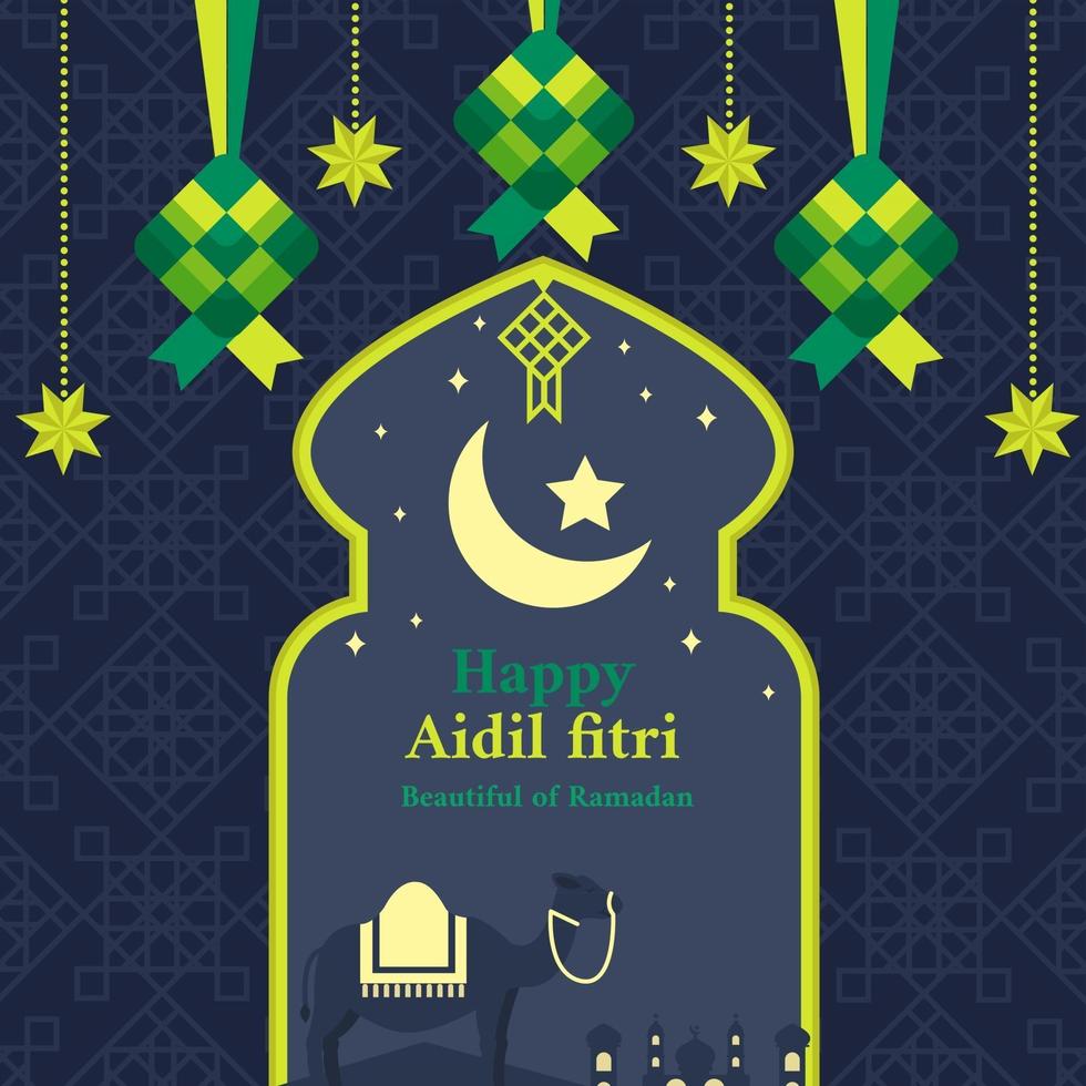 feliz aidil fitri con ketupat como decoración vector