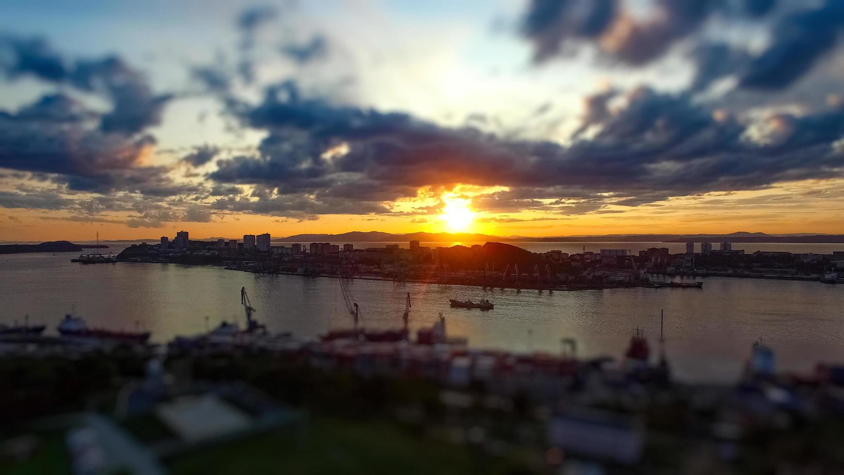Aerial view of the cityscape at sunset photo