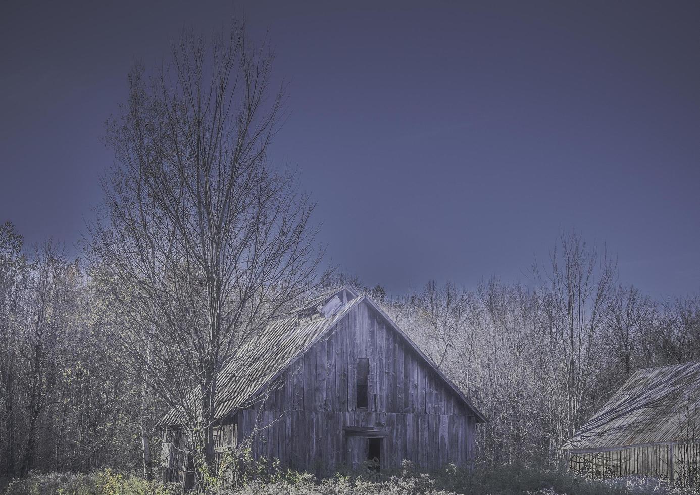 An abandoned barn in a field photo