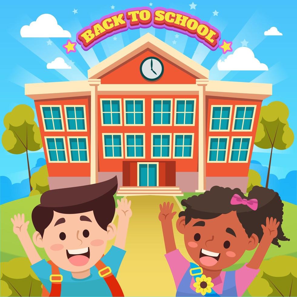 Happy Kids in Front of School vector