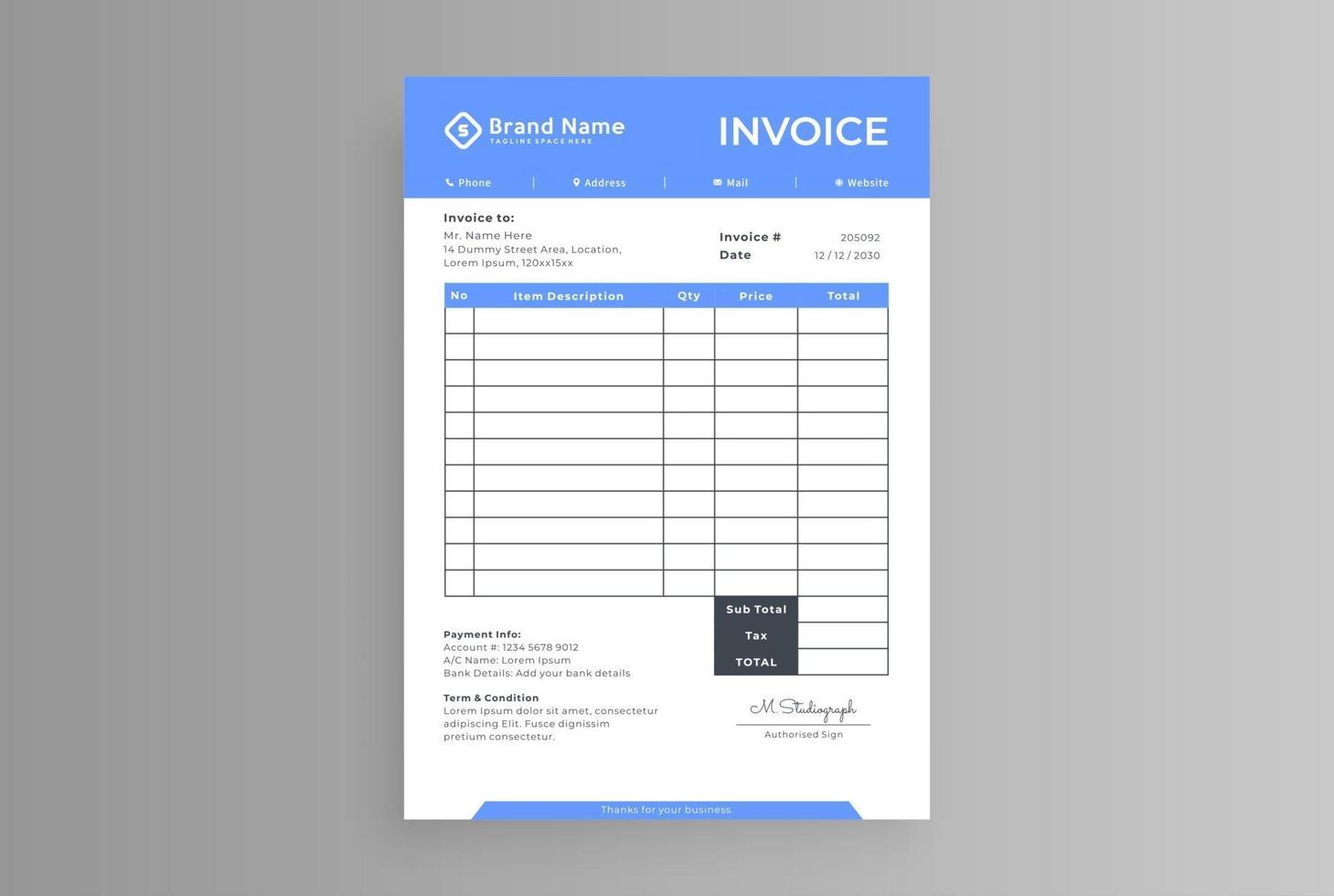 white invoice with blue header vector