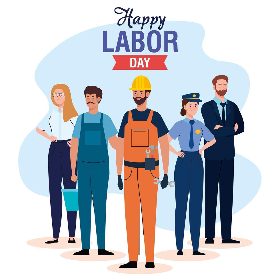 labor day poster with people of different occupations and ribbon decoration vector