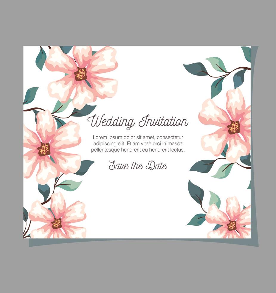 Tarjeta de felicitación, invitación de boda con decoración de flores, ramas y hojas. vector
