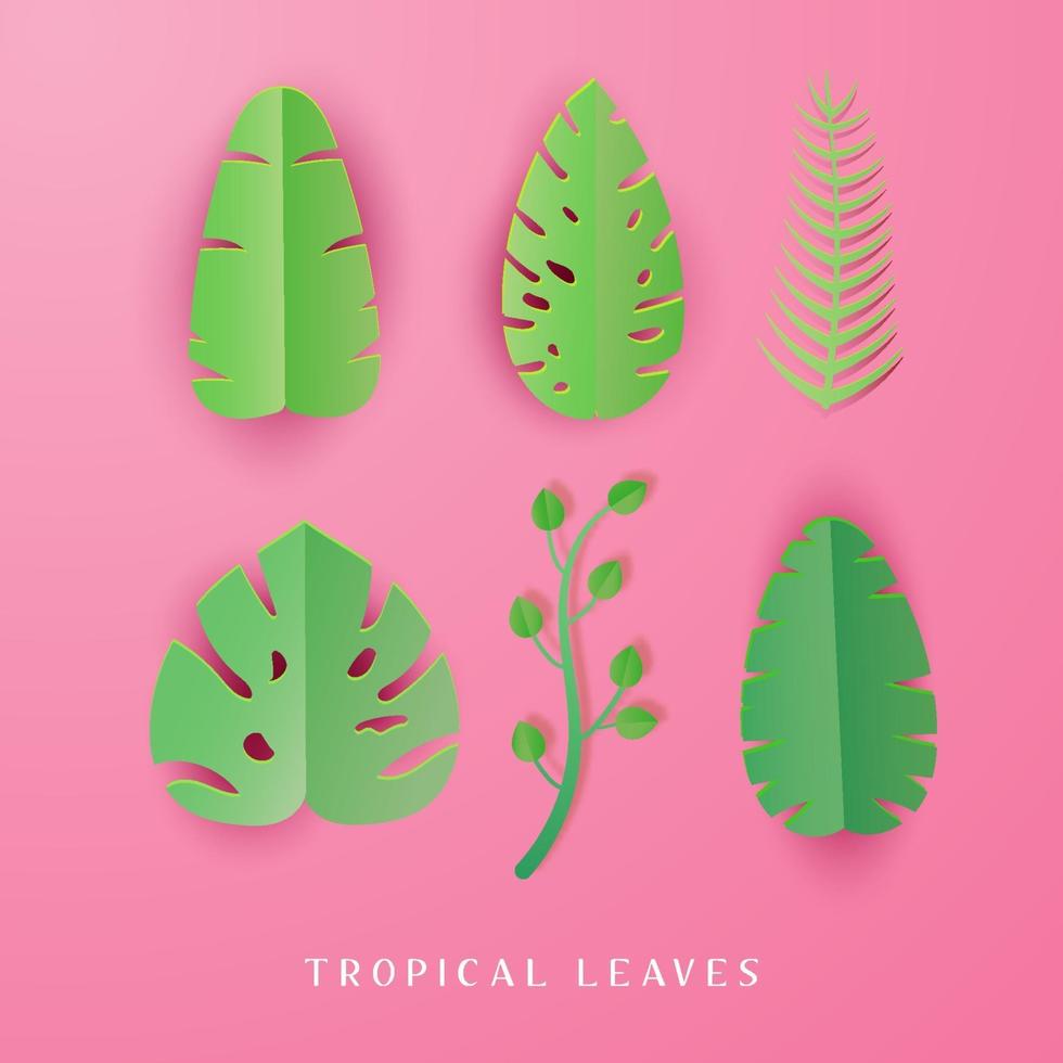 conjunto de hojas tropicales de verano en estilo papercut vector