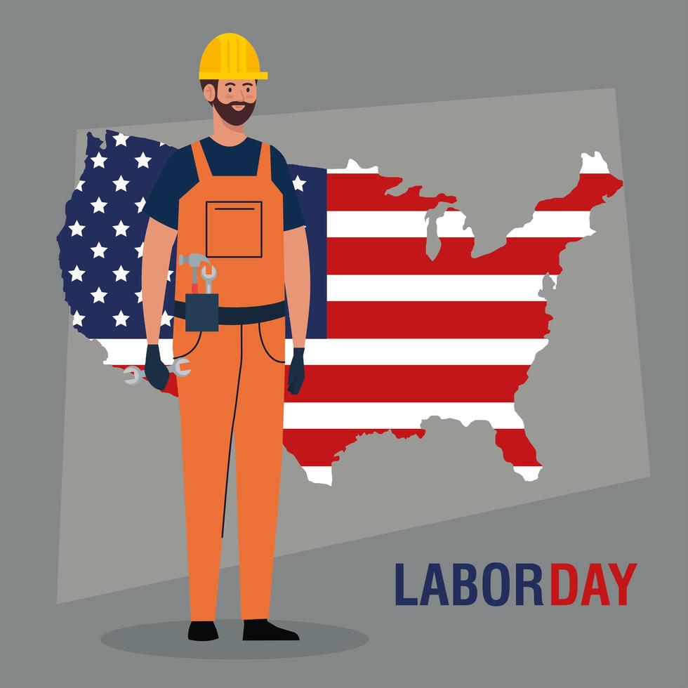 cartel del día del trabajo con trabajador de la construcción y mapa de estados unidos vector