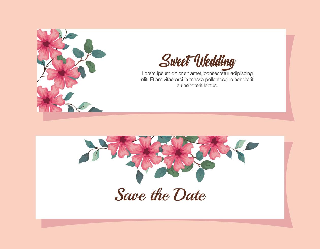 set of greeting cards, wedding invitation with flowers, branches and leaves decoration vector