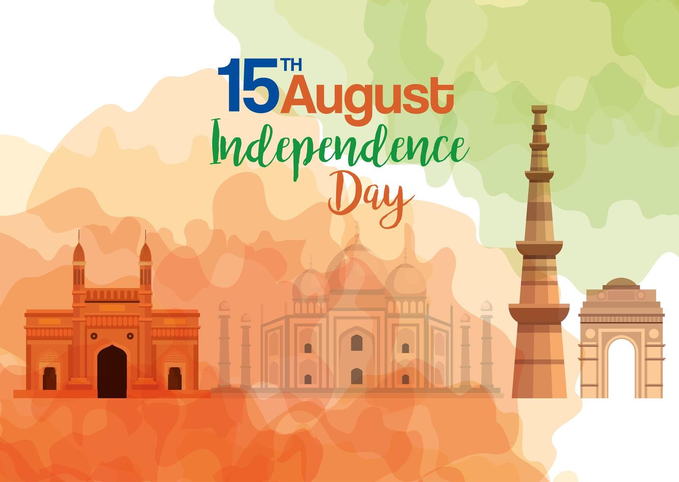 Monumentos famosos de la India, el 15 de agosto para el feliz día de la independencia en segundo plano. vector