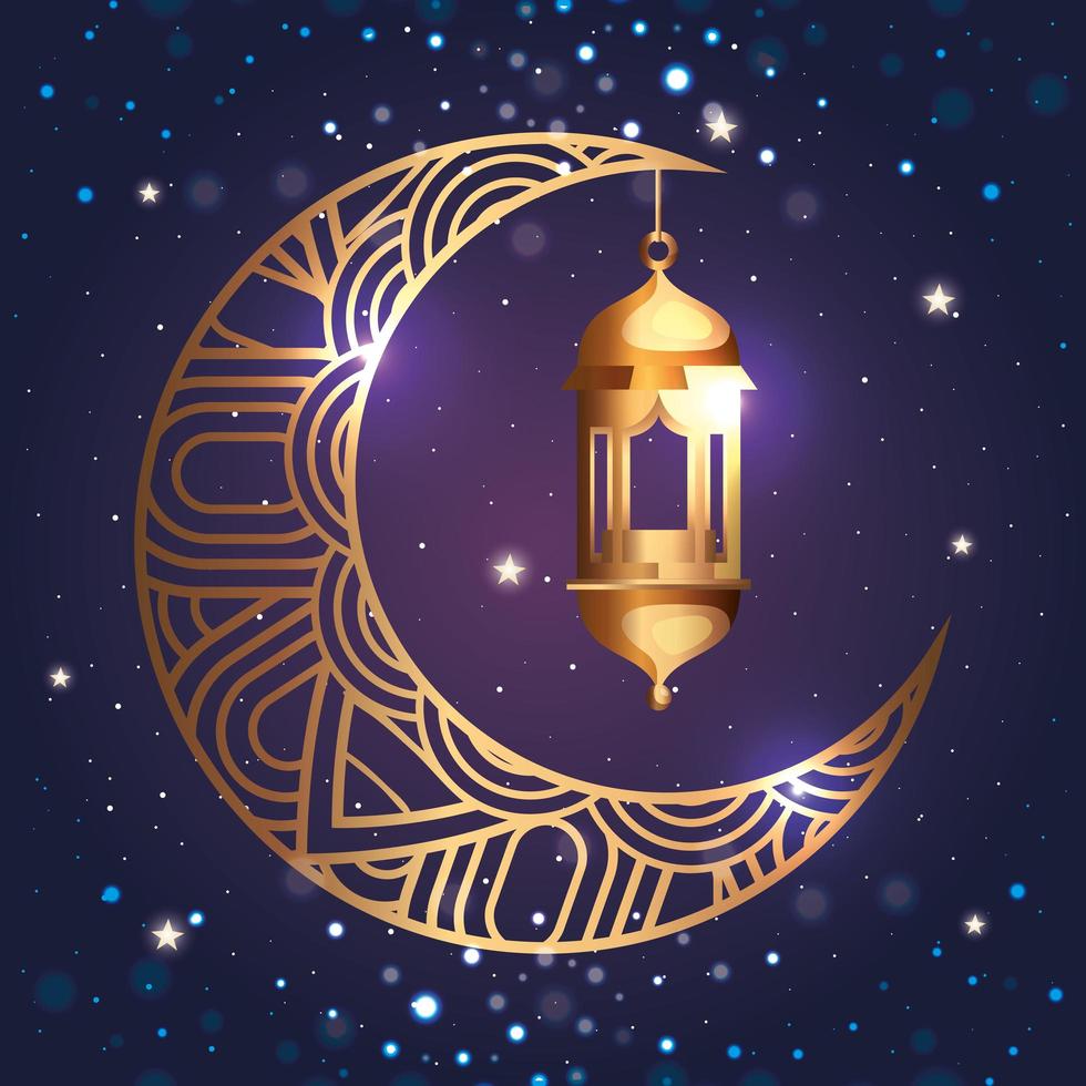 ramadan kareem poster with moon and hanging lanterns vector