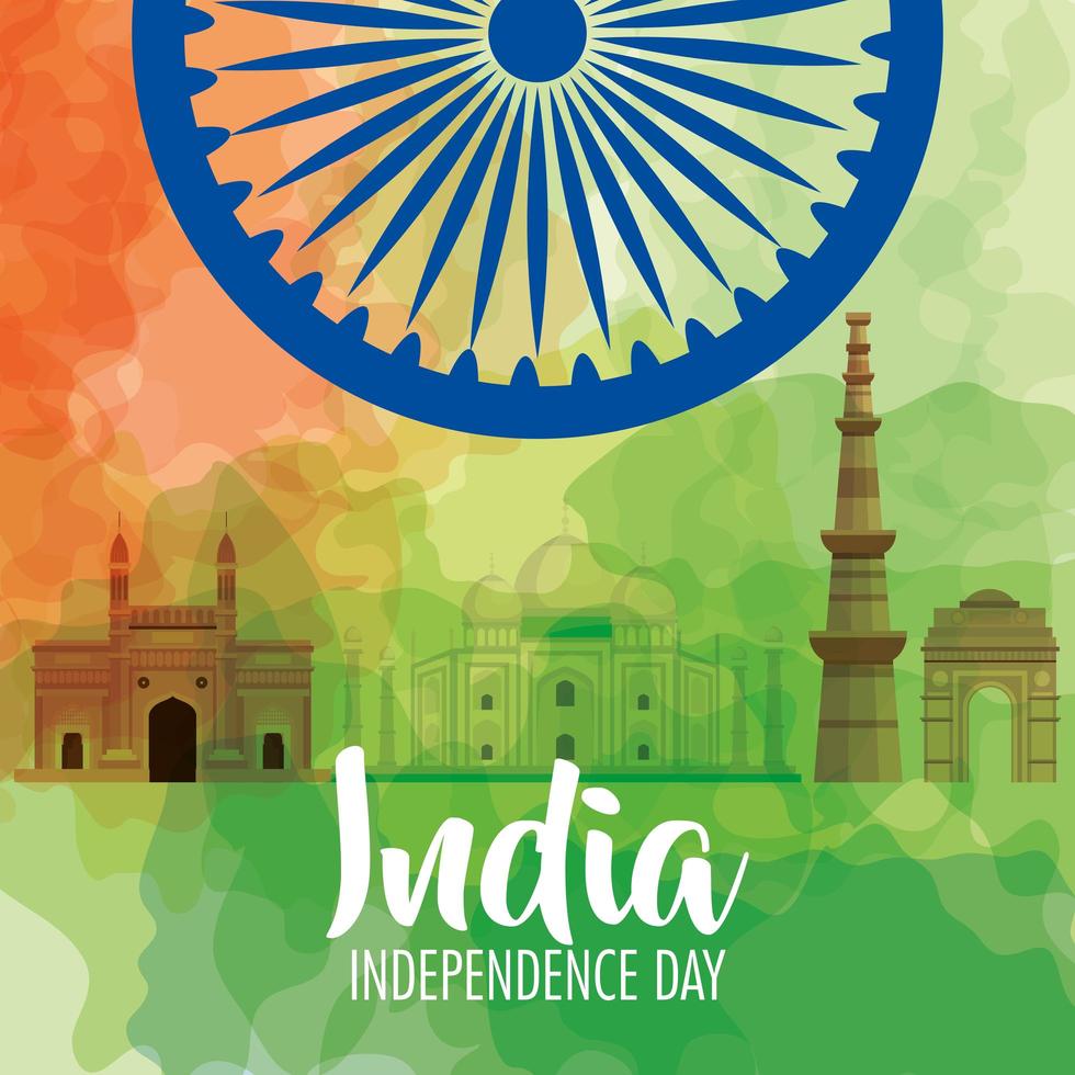 indian independence day celebration with ashoka wheel and famous monuments vector