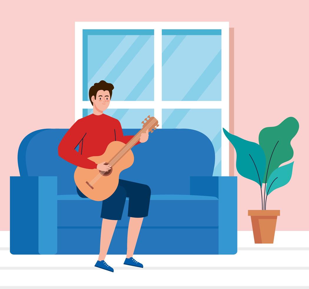 young man playing guitar sitting in a couch in living room vector