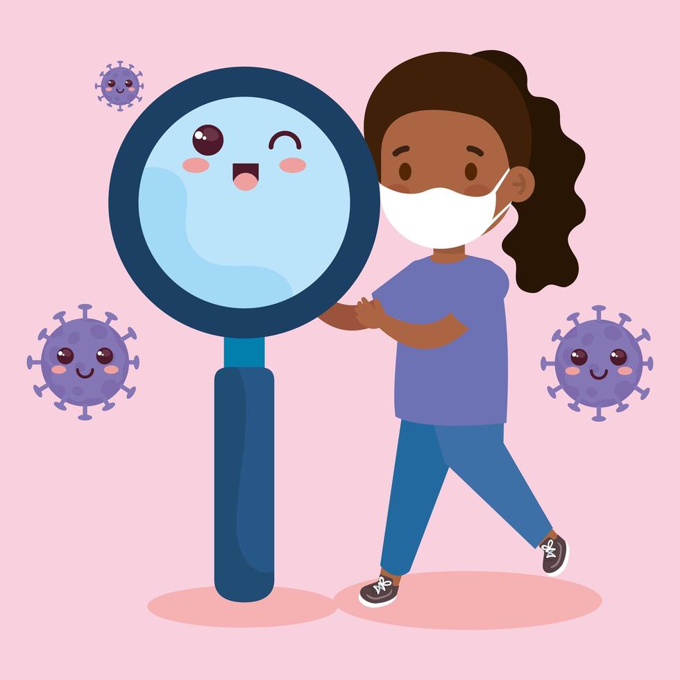 cute afro girl wearing medical mask to prevent coronavirus covid 19 with school bag and magnifying glass vector