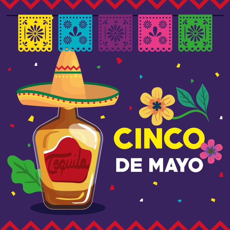 cartel del cinco de mayo con botella de tequila y decoración. vector