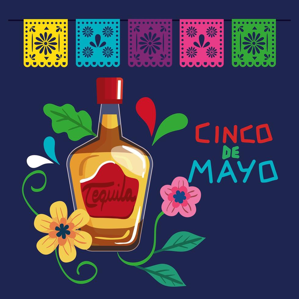 cartel del cinco de mayo con botella de tequila y decoración. vector