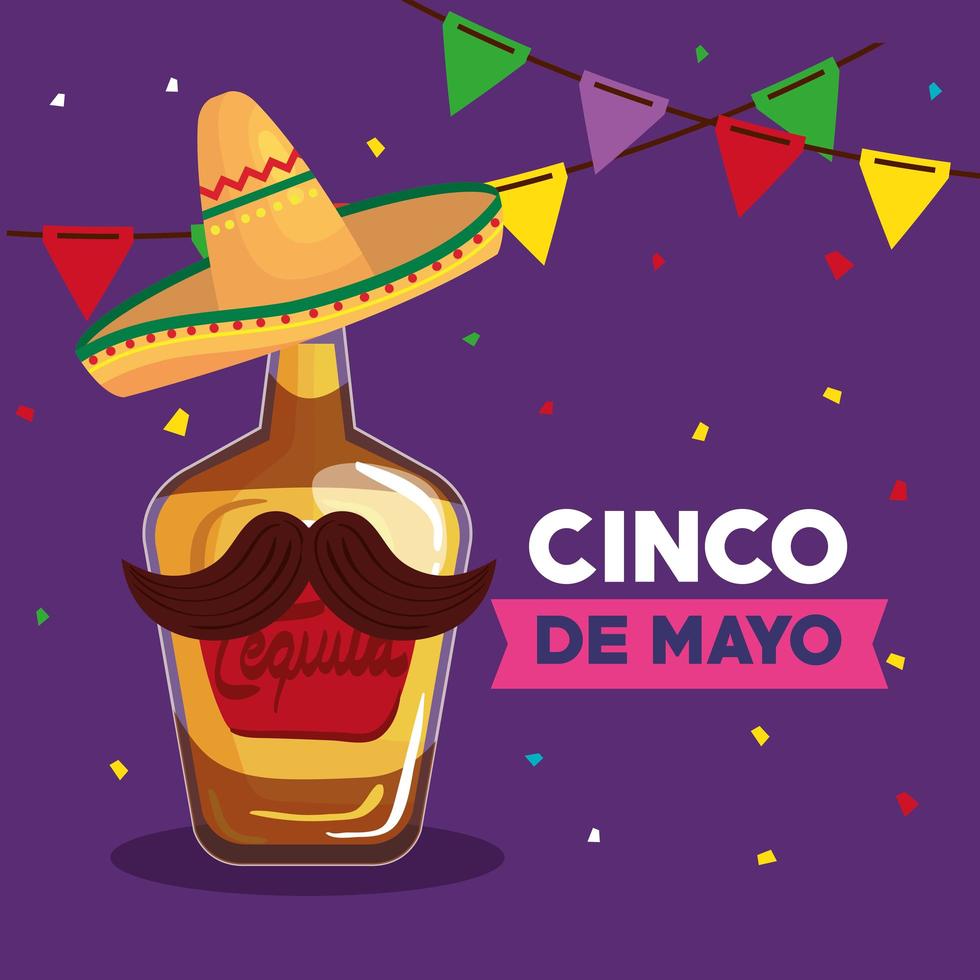 cartel del cinco de mayo con botella de tequila y decoración. vector