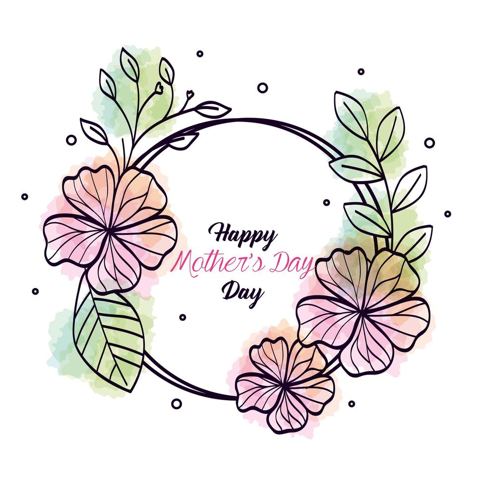 Tarjeta del feliz día de la madre y marco circular con decoración de flores. vector