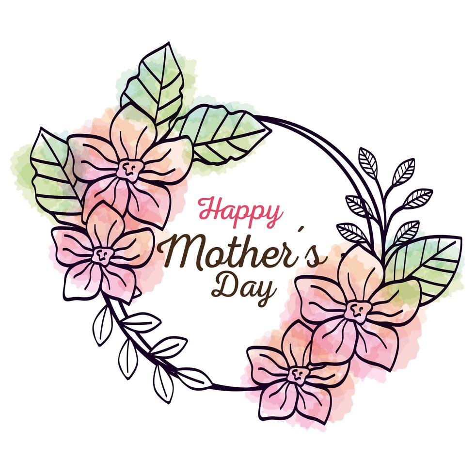 happy mother day card and circular frame with flowers decoration vector