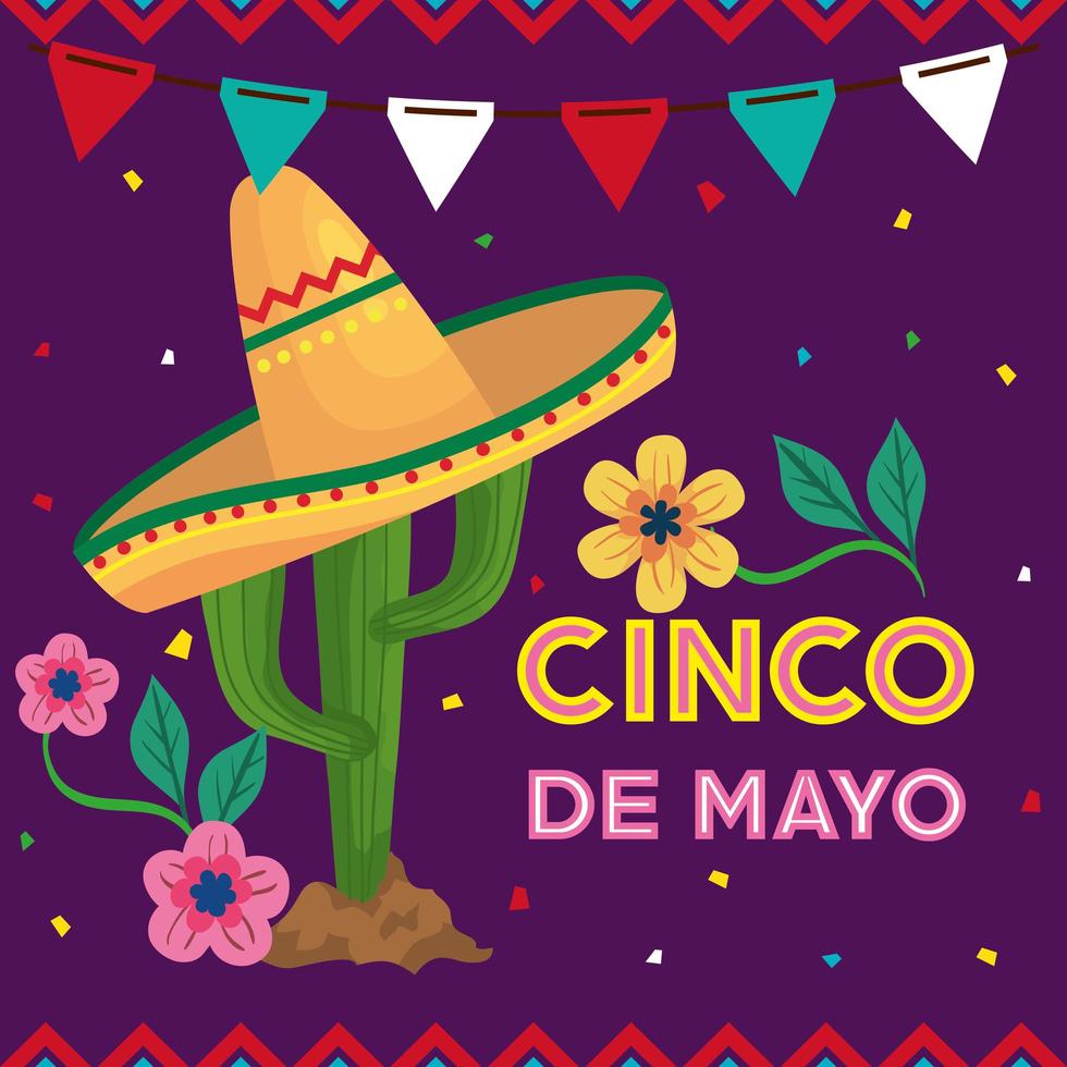 cinco de mayo poster with cactus and decoration vector
