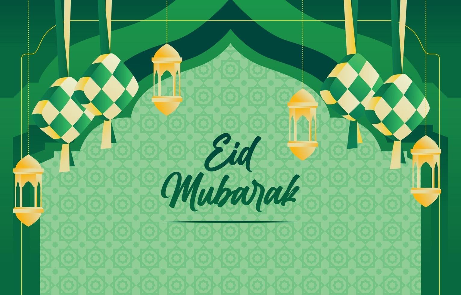 eid mubarak con ketupat y linterna vector