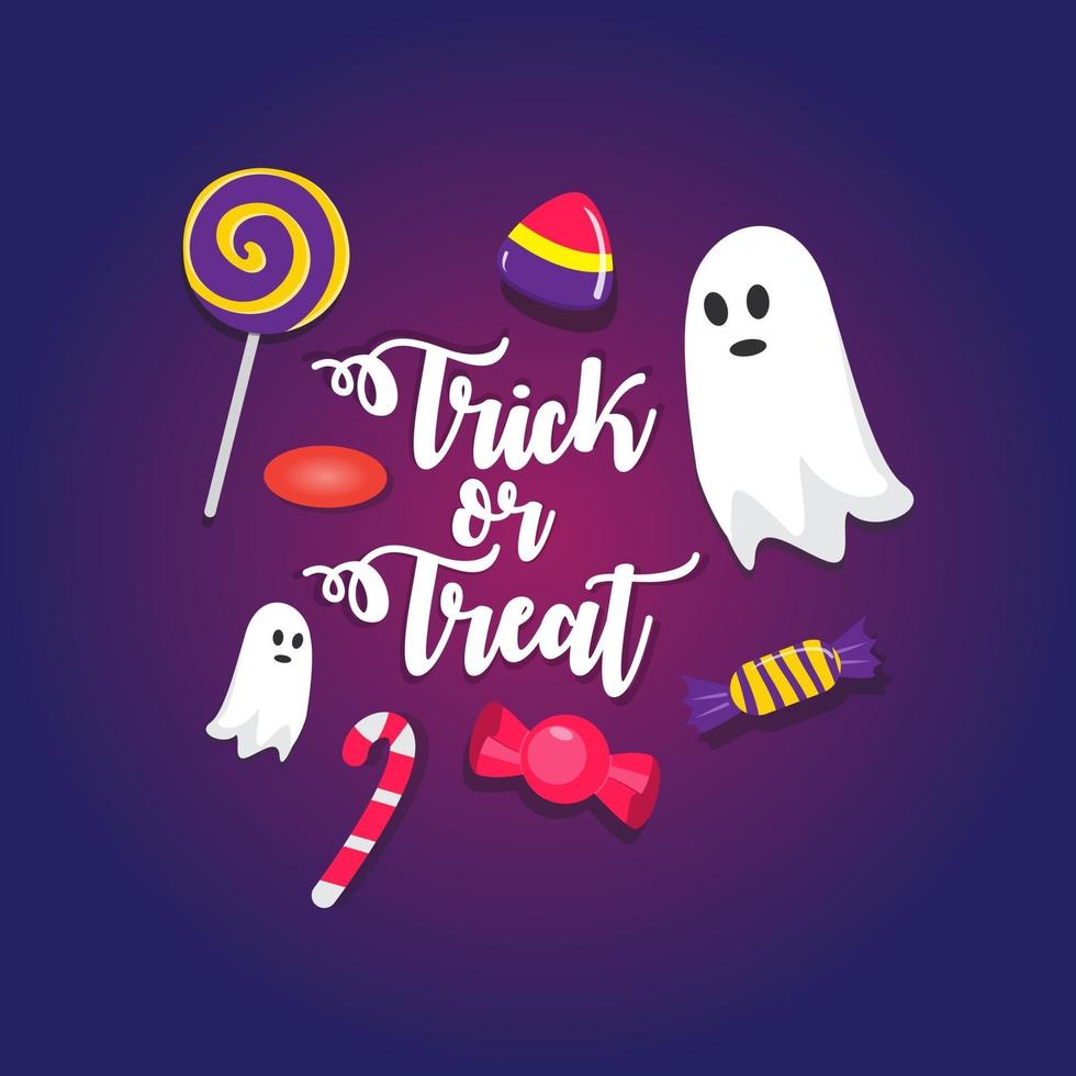 Cute trick or treat Halloween free vector illustration design with candy and ghost elements