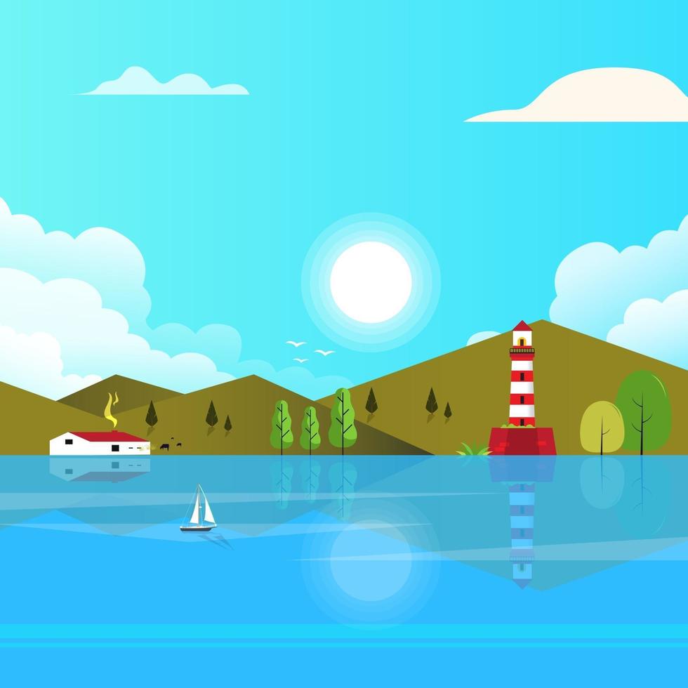 hermoso paisaje ilustración vectorial libre con vista al lago y a la montaña vector