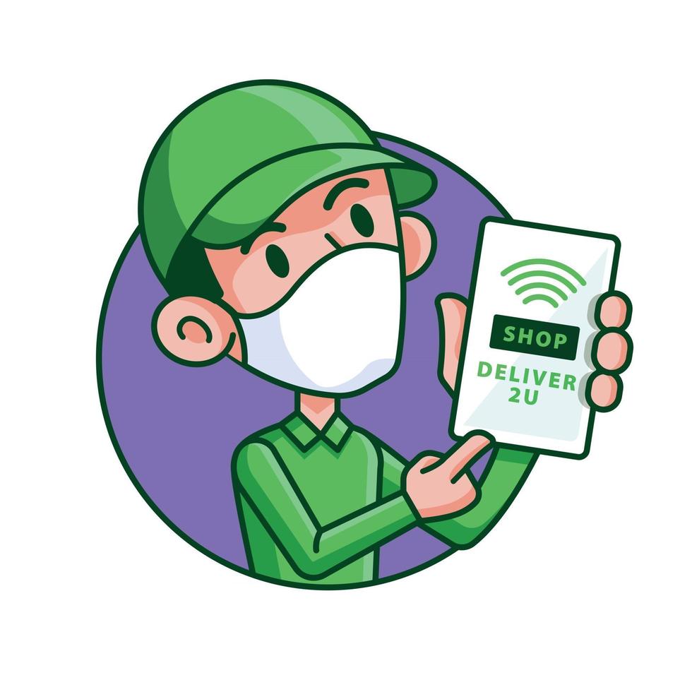 Delivery man with mask holding smartphone to show shop online and delivery service to doorstep vector