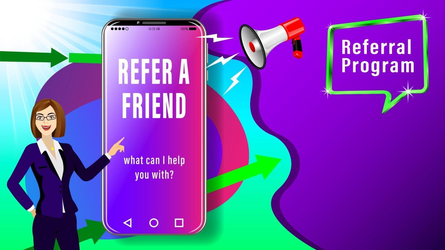 Referral Program Woman with Smartphone vector
