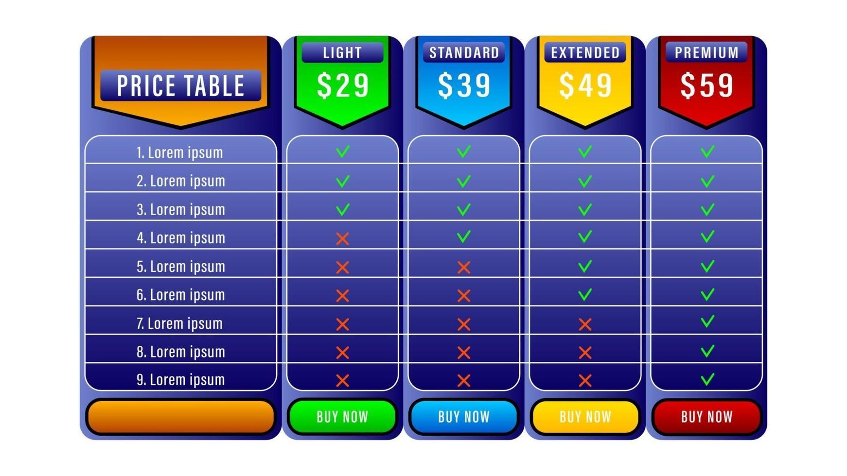 lista de precios de comparación tabla de precios vector