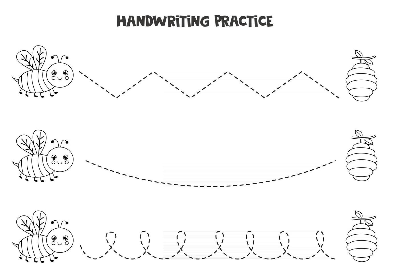 Tracing lines with black and white cute bee Writing practice vector