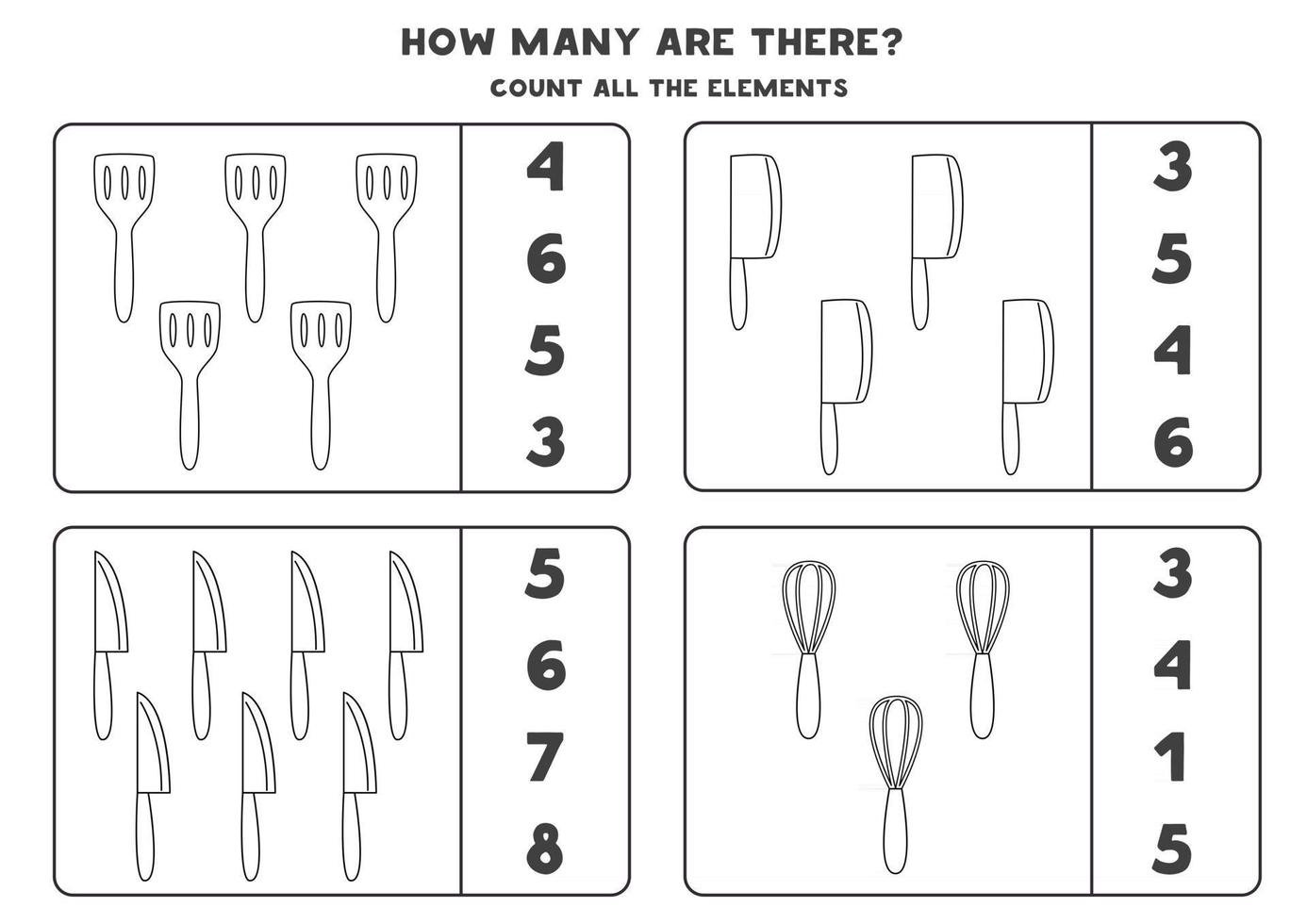 juego de conteo con utensilios de cocina en blanco y negro hoja de trabajo de matemáticas vector