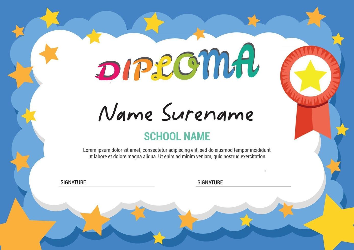 Diploma template for child graduation cloud and stars vector